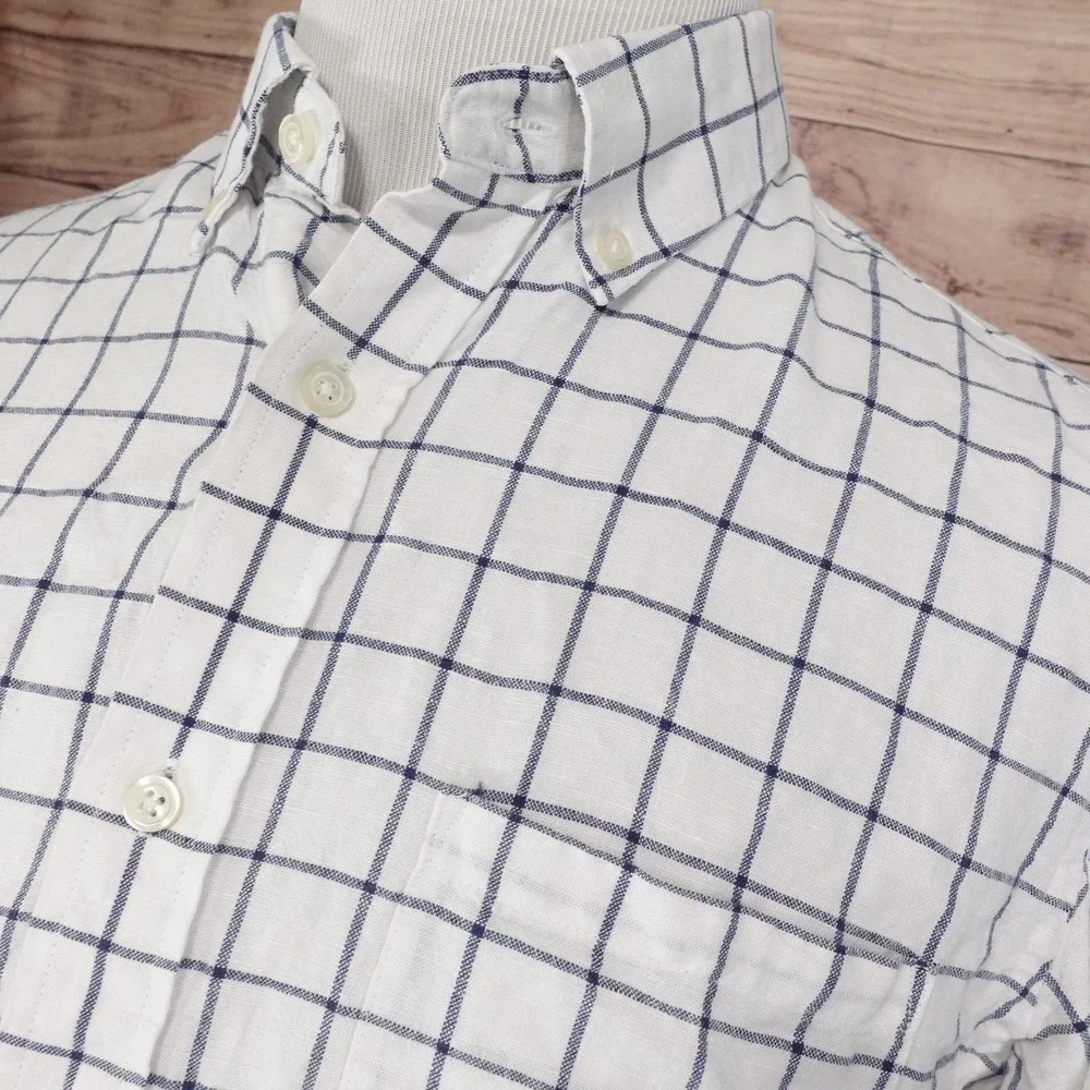 BANANA REPUBLIC LINEN COTTON BLEND WHITE CHECK BUTTON DOWN‎ SHIRT MENS SZ L